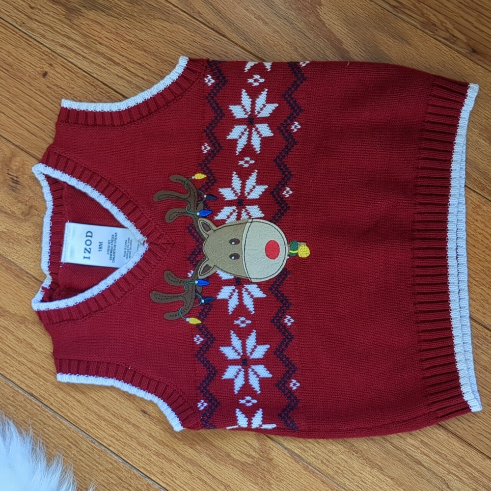 18M Izod Christmas Reindeer Red Sweater Vest Holiday Animal Lights Soft
